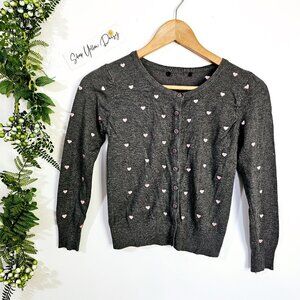 Papaya Girls Sz Small Gray Cardigan Sweater With Pink Heart Pattern  ~SW125.7